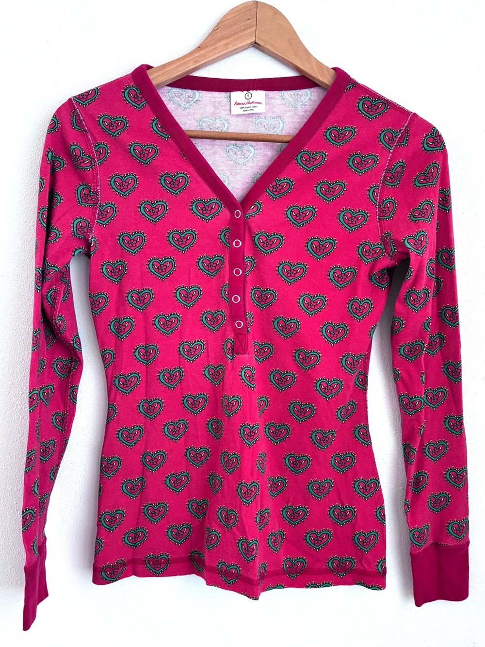 Hanna Anderson Organic Cotton Swedish Heart Long Sleeve Henley Pajama Top (S)